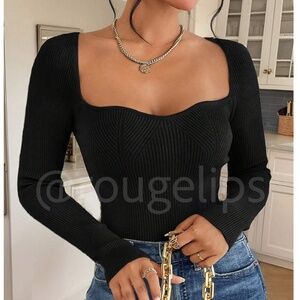 Black Sweetheart Neckline Rib Knit Light Sweater Top Fitted Slim Long Sleeve